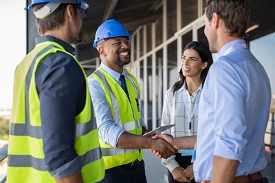 One of two site workers is shaking the hand of a client after making a deal while two others are standing nearby