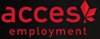 un logo sur fond noir avec une écriture rouge indiquant ACCES Employment et la moitié d'une feuille d'érable canadienne